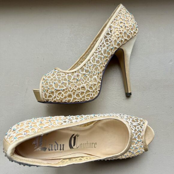Lady Couture Ivy Peep Toe Gold Lace Mesh Stiletto Heels NIB Women’s EU 39 US 8 - Picture 16 of 16